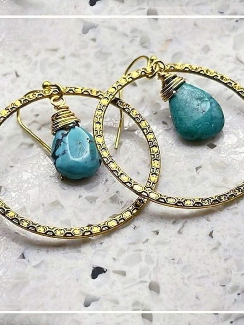 Boho Gold Hoops w/ Turquoise Earrings - Pierced or Clip Ons- GIFT Ready